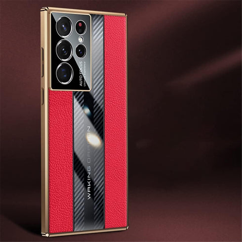 Samsung Galaxy S22 Ultra Case 5G, Luxury TPU Carbon Fiber & Leather Back Cover, Shockproof Red