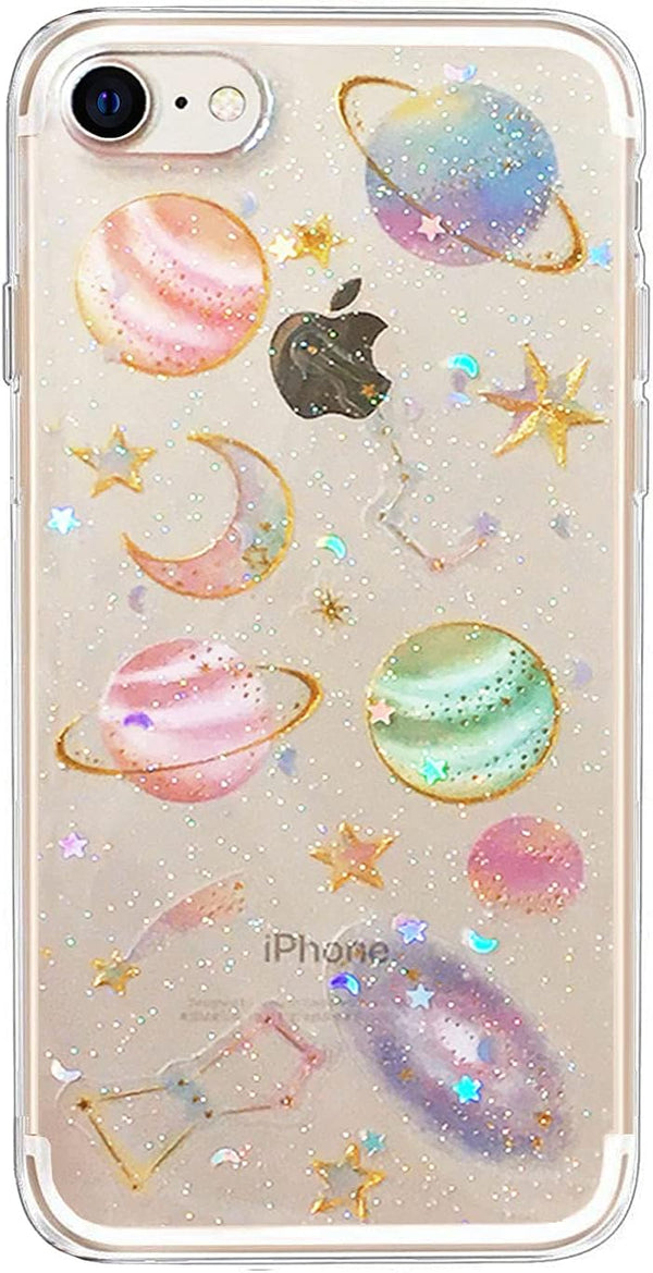 Abbery Cute Clear Moon Stars Case for iPhone SE 2022/SE 2020, Ultra Thin Bling Glitter Soft Silicone Protective Cover