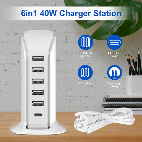 Upoy Charging Station for Multiple Devices, 40W Wall Charger Block with 5 USB Ports, Smart IC, Charger Tower
