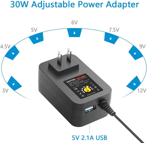 SHNITPWR 30W Universal Power Supply, Adjustable AC/DC Adapter, 3V to 12V, 100V-240V AC to DC Converter with 14 Tips