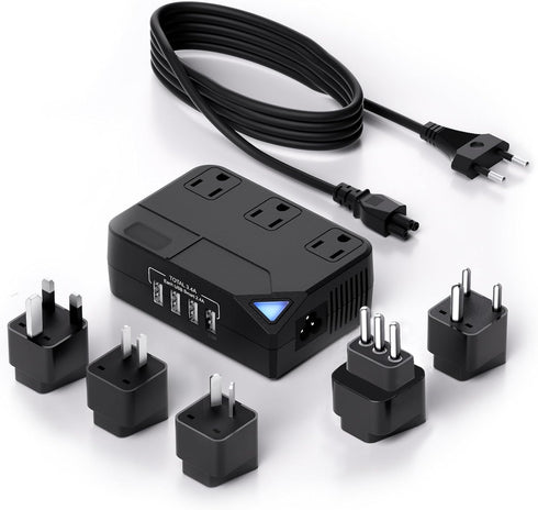 Universal 100V-220V Travel Converter, 250W Voltage Converter with 4 USB Charging Ports and 3 AC Plugs for Curlers