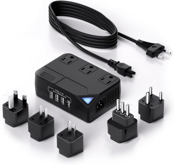 Universal 100V-220V Travel Converter, 250W Voltage Converter with 4 USB Charging Ports and 3 AC Plugs for Curlers