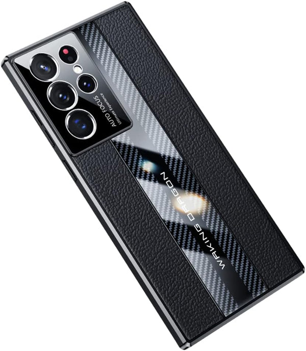 Samsung Galaxy S22 Ultra Case 5G, Luxury TPU Carbon Fiber & Leather Back Cover, Shockproof Phone Case Black