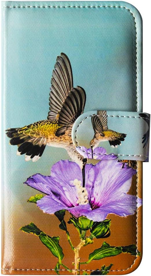 Hummingbird Purple Flower Leather Flip Case for Galaxy A12, Wallet Cover with Card Slot Holder and Kickstand