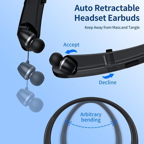 Bluetooth Headphones Retractable, Neckband Earbuds Wireless Headset Sports Noise Cancelling Stereo Earphones with Microphone Compatible with iPhone, Android, Samsung, PC, IPX5 Sweatproof (Black)