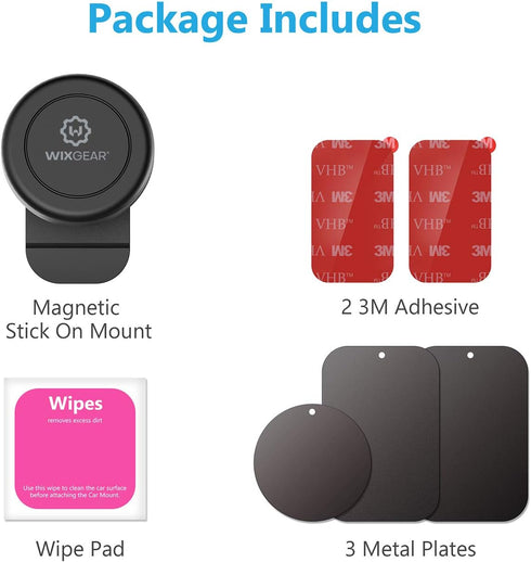WixGear Magnetic Mount, Stick-On Dashboard Magnetic Car Mount Holder, for Cell Phones and Mini Tablets with Fast
