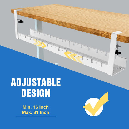 No Drilling Extendable Under Desk Cable Management Tray with Clamp, Retractable Power Strip Holder 31Inch (White)