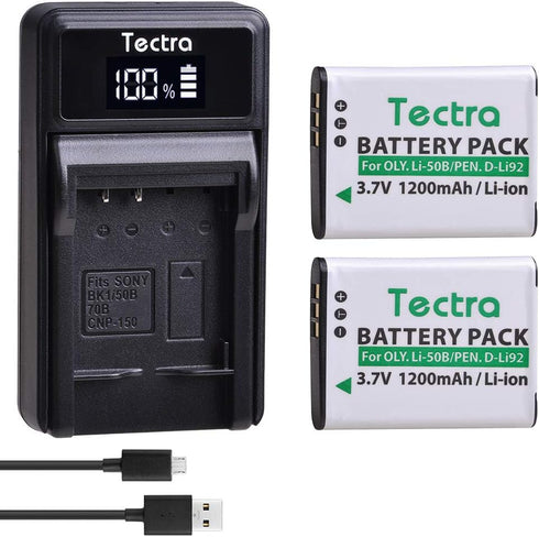 Tectra 2-Pack Li-50B D-LI92 Batteries with LED USB Charger for Olympus VR-340 1010 1020 1030SW Tough 6000