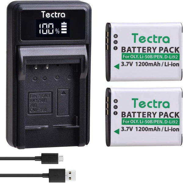Tectra 2-Pack Li-50B D-LI92 Batteries with LED USB Charger for Olympus VR-340 1010 1020 1030SW Tough 6000