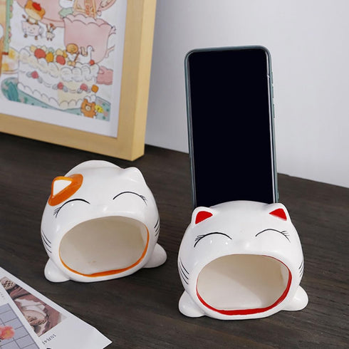 OUNONA 4.52X4.33X4.01In Cat Phone Stand for Desk Cute Desktop Mobile Phone Holder with Amplifying Bracket Multi-Purpose