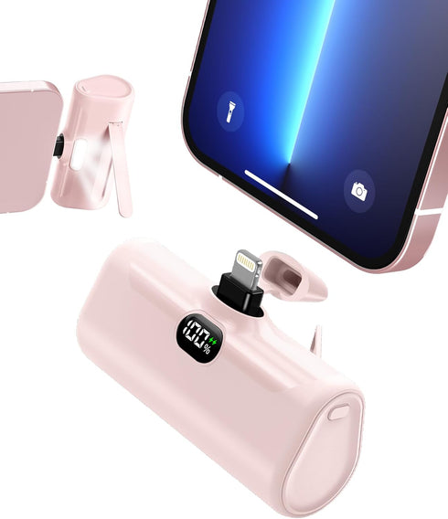 Pink Small Portable Charger for Lightning with Built-in Metal Stand, Lightweight Power Bank 5000mAh with Digital