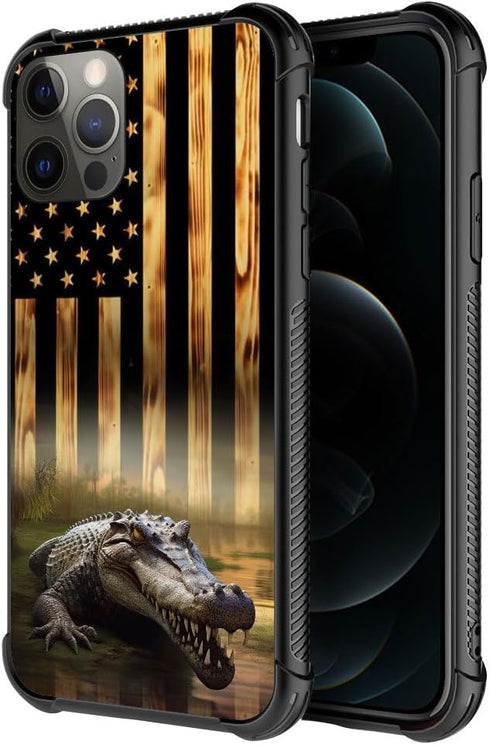 TnXee Case Compatible with iPhone 12 Pro Max Case, Wood Grain American Flag Alligator Pattern Design case for iPhone 12 Pro Max Cases for Mans Women, Shockproof Anti-Scratch Case