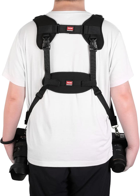 Quick Release Dual Camera Harness with Safety Tether, Adjustable Length for 2 Cameras, DSLR SLR Strap