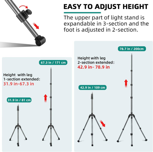 JEBUTU 6.6ft/2m Extendable Photography Light Stand, Adjustable Aluminum Light Tripod Stand for Travel, Reversible