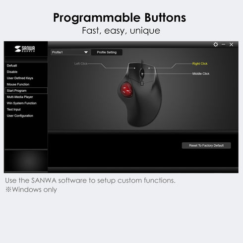 SANWA Bluetooth Wireless Ergonomic Trackball Mouse, Optical Rollerball Mice, Programmable Silent Buttons, 40mm Trackball