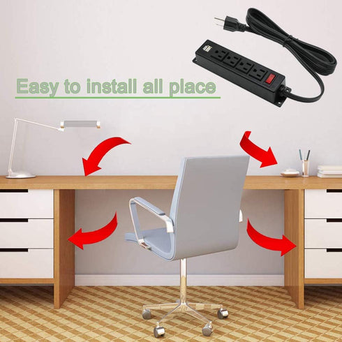 Mountable Power Strip with USB Ports - Wall Mount Power Outlets, 4AC Outlet, 2 USB, 6.56 Feet Extension Cord
