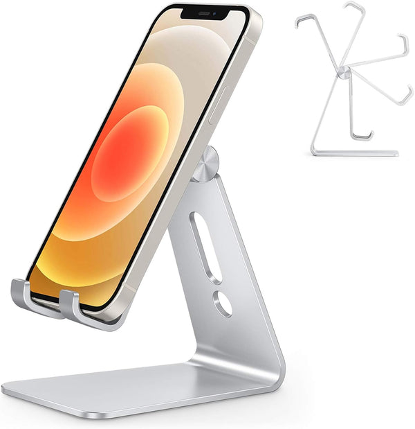Adjustable Cell Phone Stand, OMOTON Aluminum Desktop Stand with Anti-Slip Base and Charging Port, Silver