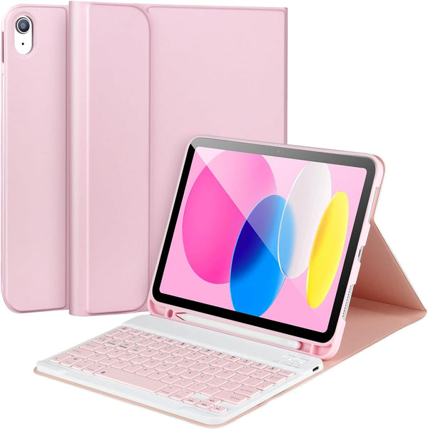 iPad 10th Generation Case with Keyboard, Detachable Bluetooth Keyboard Case with Pencil Holder, Pink