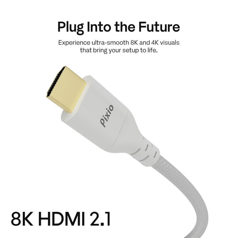 8K 2.1 10FT 8K 60Hz 4K 120Hz HDR10+ Dolby Pixio White HDMI Cable Ultra Certified Ultra High Speed Nylon Braided Gold