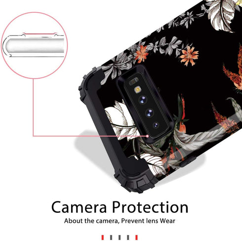 Casetego Floral Three Layer Heavy Duty Hybrid Case for Samsung Galaxy S10, Sturdy Shockproof Cover (Orange Flower/Black)