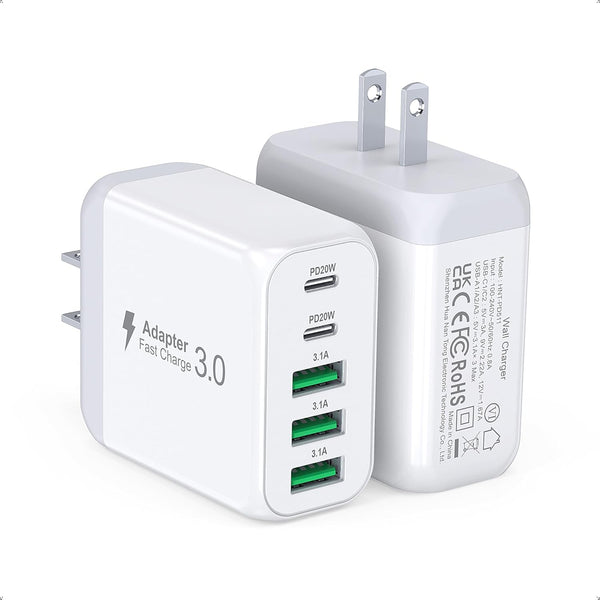 USB C Wall Charger Block, 2-Pack 50W 5-Port C Charger, Fast Charging Block, PD Power Adapter + QC 3.0 Multiport Type C