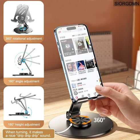 SIORGDMN 360 (2 Pack,Dark Cell Phone Stand for Desk,Metal Base,Adjustable,Foldable Cellphone Holder Rotation Smartphone