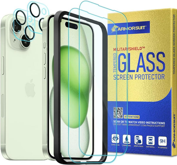 ArmorSuit Glass Screen Protector for iPhone 15 Plus + Camera Lens Protector, 2+2 Pack, Tempered Glass, Case Friendly