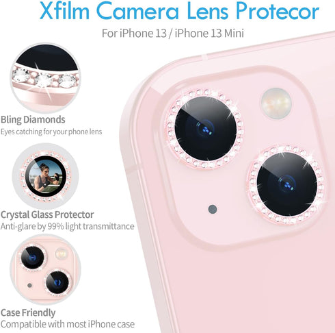 Xfilm Bling Diamond Camera Lens Protector for iPhone 13 / Mini, HD Clear Tempered Glass Screen Protection Cover