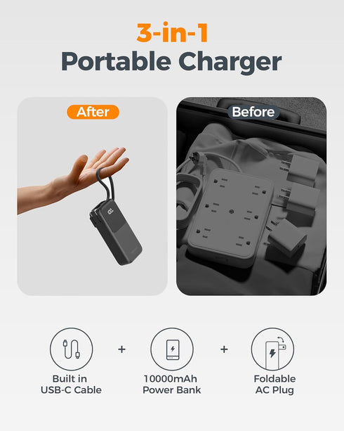 TESSAN 10000mAh, 30W Pack 3 1 17/16/15 Portable Charger Power Bank USB C Battery Built in USB C Cable with Foldable