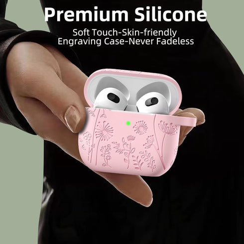 Lerobo 4 4 2024 for Airpods Case Cover with Cleaner Kit, Cute Flower Engraved Silicone Protective Case Cover