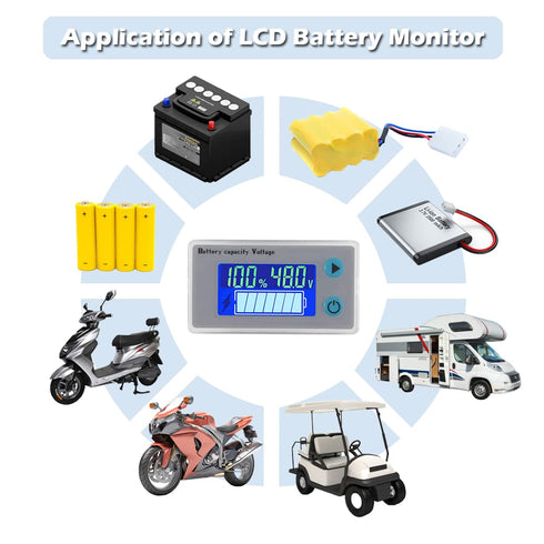 10-100V Battery Monitor LCD, 12V 24V 36V 48V Digital Capacity Voltmeter Tester with Cable