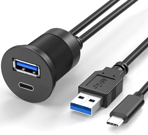 USB Type C 3.0 and USB 3.0 Male to Female Flush Mount Cable, Waterproof Kit for Car Dash Panel Mount Adapter