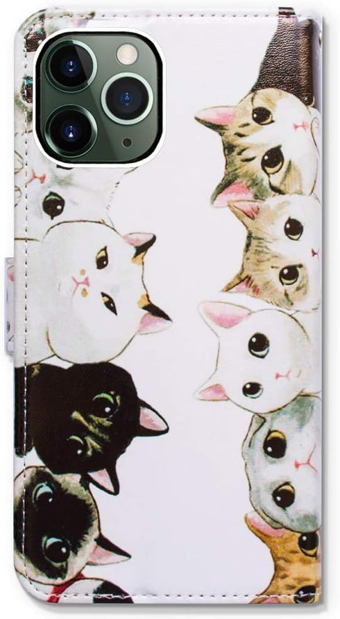 Case for iPhone 11 Pro, Cute Cats Flip Leather Wallet Cover with Credit Card Slot, Black White