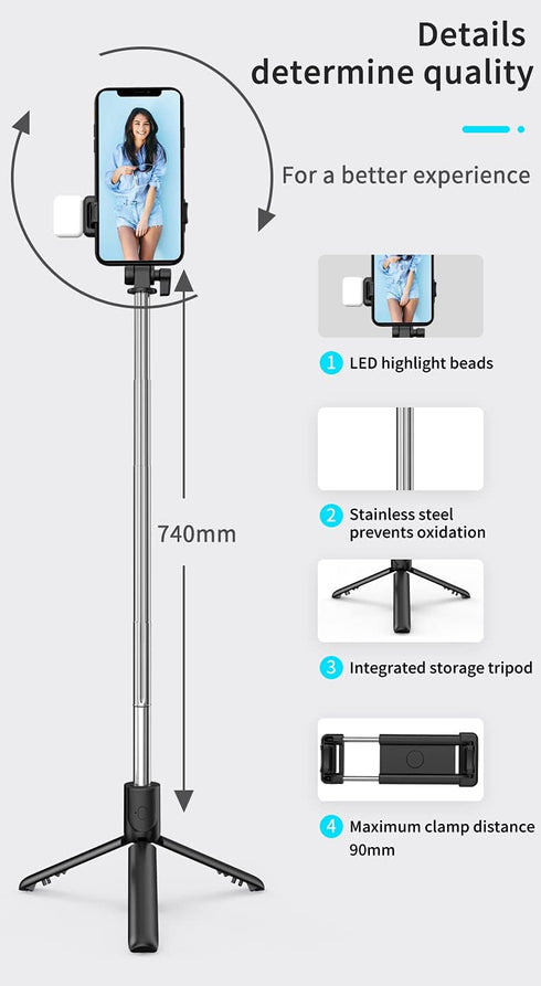Tianle 4 1 4.7-6.5" Selfie Stick, in Selfie Stick Tripod with Light, Extendable and Portable Stable Tripod Stand Holder