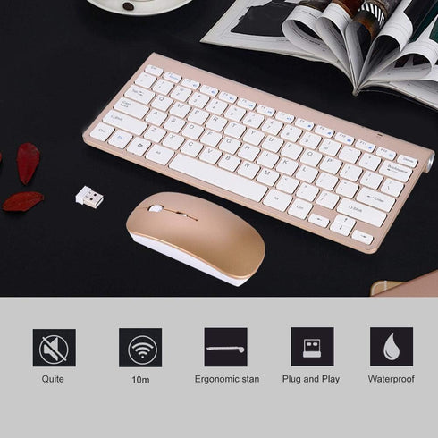 Keyboard Mouse Combo, 2.4GHz Slim Waterproof Keyboard and Mouse Kit for Desktop, Computer, PC (Gold)