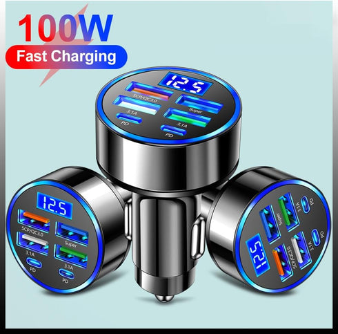6-in-1 Multi-Port Car Charger with Voltage Detection, 2PD+3USB+QC3.0 Fast Charge Adapter for iPhone, Android, Samsung