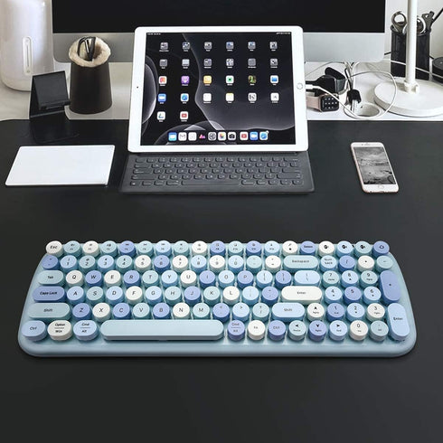 MOFII Bluetooth Wireless Keyboard, Retro Aesthetic with Colorful Round Keys, Connects 3 Devices - Blue