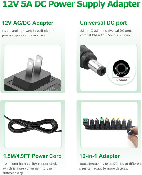 Arkare 12V 5A 60W 100-240V 12V 5Amp 4A 3A 2A 1A 5.5x2.5mm 3D 10TIPS 4.9FT Power Supply Adapter AC to DC Power Cord