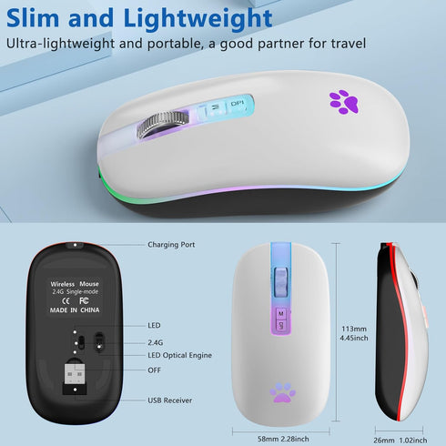 Wireless Mouse, Backlit LED Portable Slim Computer Mouse for Laptop, PC, MacBook, iPad, 2.4G Rechargeable