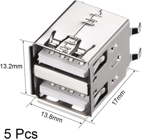 uxcell PCB USB Connector Type-A Dual Port Female Jack – Vertical Four Bend Foot, 5pcs