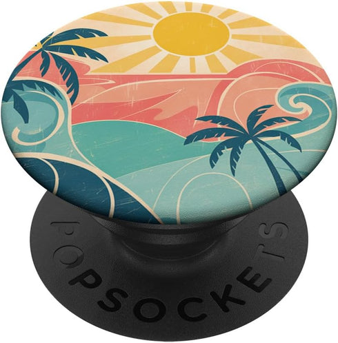 Retro Summer Vibe Designs Retro Summer Vibes | Beach Palm and Sun Design PopSockets Adhesive PopGrip