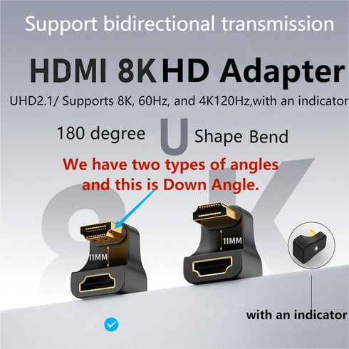 U Shape HDMI 2.1 Adapter Male to Female, Standard HDMI Type A UHD 3D 8K@60Hz 180 Degree Down Angle for Laptop