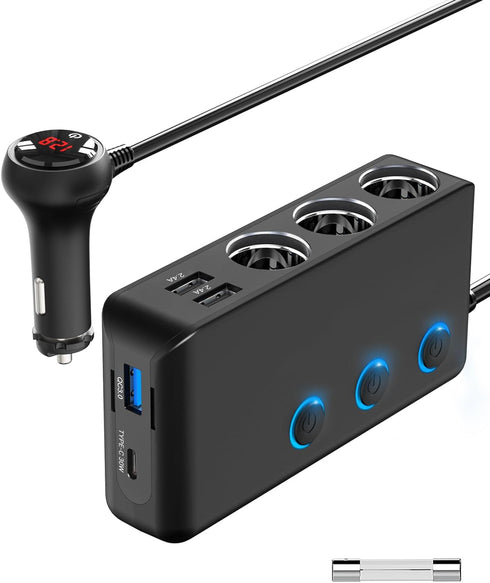 Qidoe 3 Socket Car Charger Splitter 200W, Cigarette Lighter Adapter with PD30W USB-C & QC3.0 Multi USB Car Charger