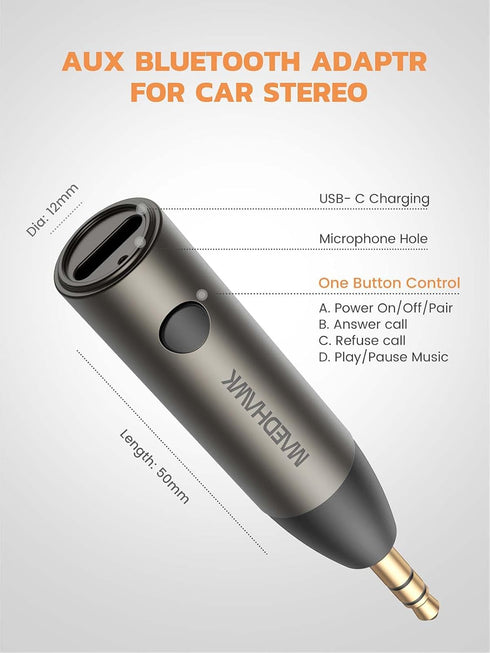 MaedHawk 5.3 Car Bluetooth Aux Adapter, 3.5mm Wireless Audio Receiver for Car Stereo, Hands-Free Calls, 1 Piece