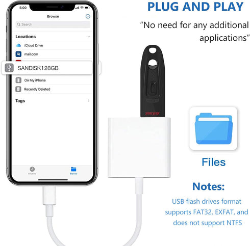 Lightning to USB Camera Adapter for iPhone, USB 3.0 Female OTG Cable for iPad to Connect Card Reader, USB Flash Drive