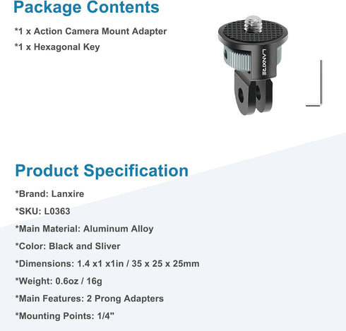 LANXIRE 1/4" 13/12, Insta360 X4/X3, 3, Laxnire Action Camera Mount Adapter with Screw, Aluminum Alloy Camera Tripod