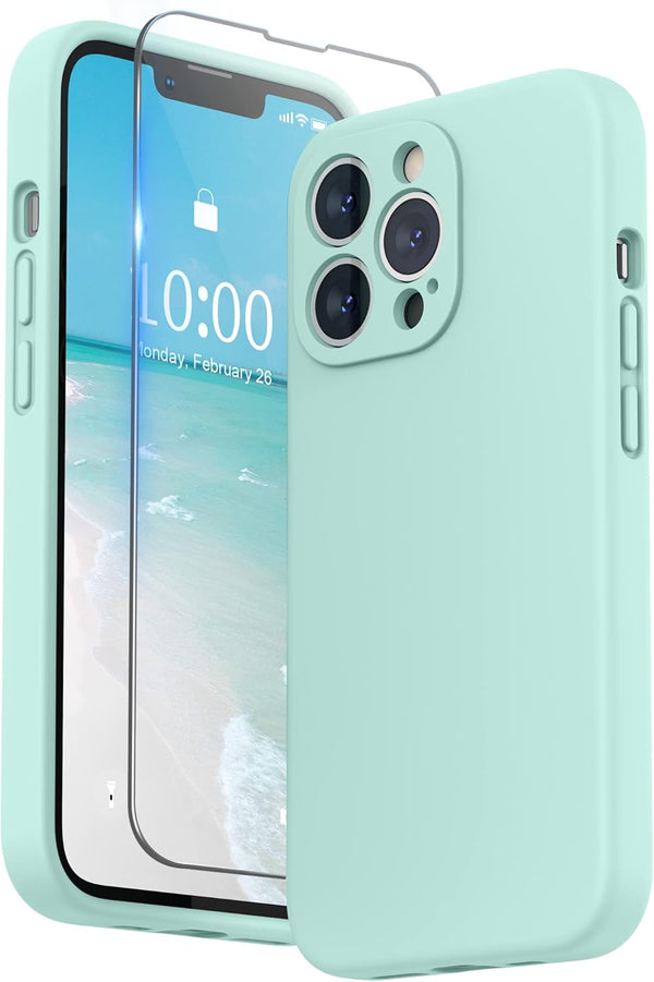 SURPHY iPhone 13 Pro Case, Mint Green, Liquid Silicone with Screen Protector, Camera Protection, Soft Microfiber Lining