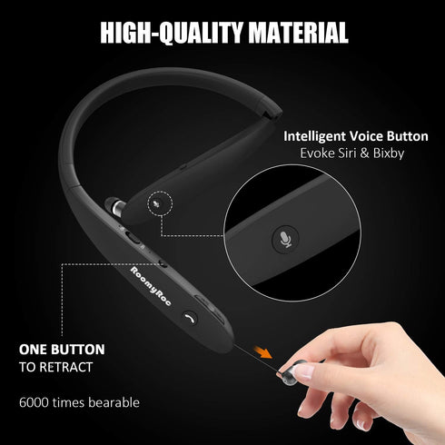 RoomyRoc Bluetooth Headphones, Wireless Neckband Headset with Retractable Earbuds, Sports Noise Cancelling