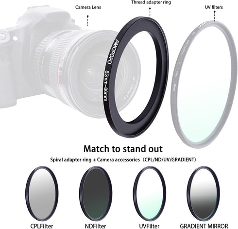 82mm Lens to 86mm Filter Ring, Compatible with 82mm Camera Lens & 86mm Accessories