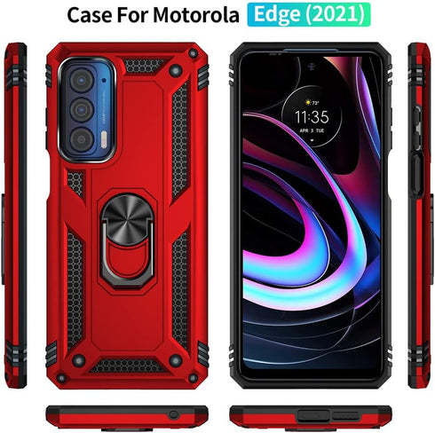 Androgate Compatible with Motorola Moto Edge 2021 Case, Military-Grade Metal Ring Kickstand, 15ft Drop Tested (Red)